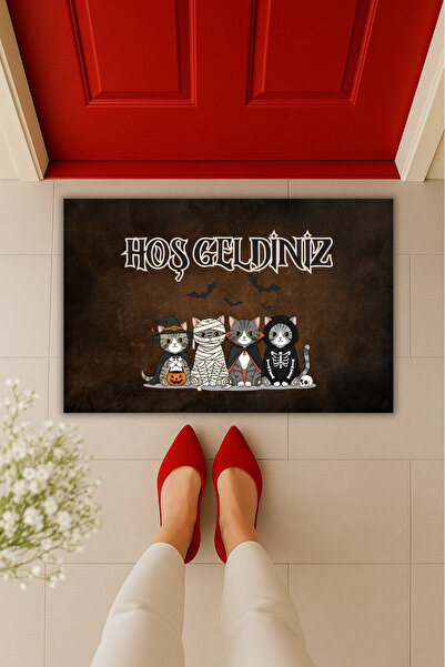 Dormot Yüksek Kaliteli Modern Dijital Baskı-Halloween Kedi Temalı Hoş Geldiniz 70x45cm-Kapı Önü Paspası