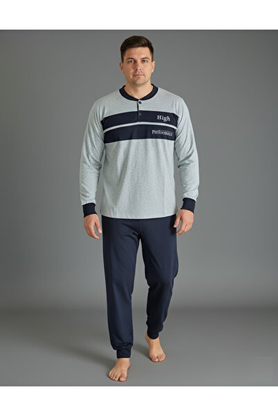 embody Pijama lungă bărbătească din bumbac, bluză gri, pantaloni negri