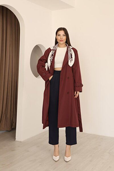Hazel Kadın Bordo Fular Detaylı Kuşaklı Uzun Trençkot