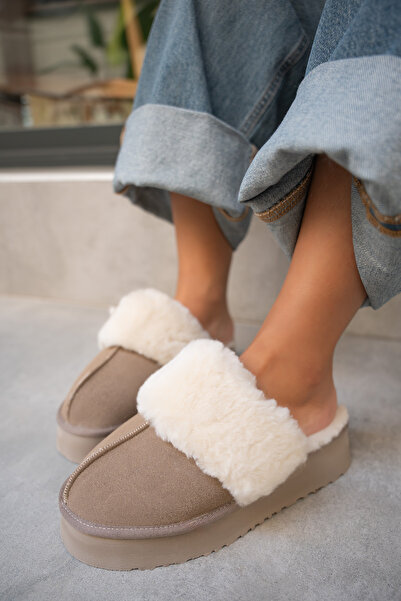 LAMİNTA Rover Vizon Süet Tüylü Düz Taban Kadın Terlik