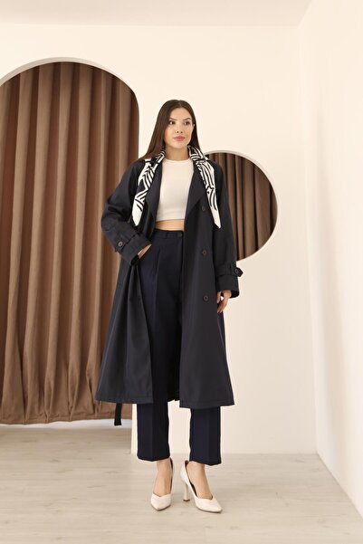 polle Trench lung pentru femei, albastru bleumarin, cu detaliu de eșarfă și c...