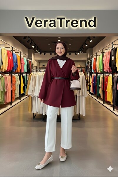 AKSİS Kadın Kemerli Düşük Omuz Astarlı Ceket