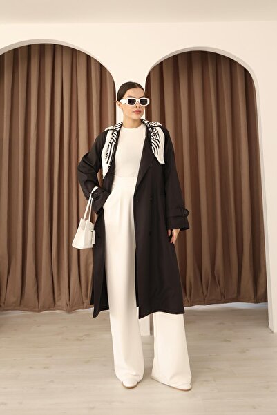 polle Trench lung pentru femei, negru, cu detaliu de eșarfă și curea