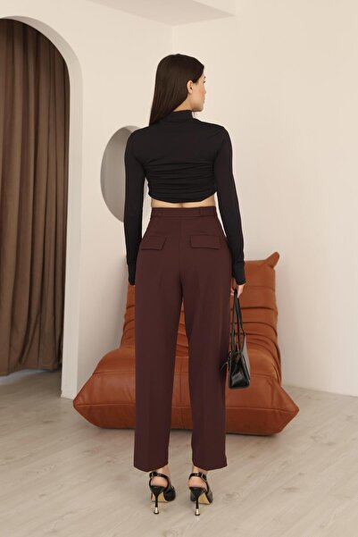 polle Kadın Bordo Dar Kesim Cepli Kumaş Pantolon