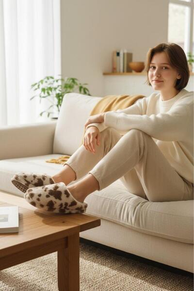 MARKABONİ Kadın Bej Ev Terliği Ses Yapmayan Yumuşak Rahat Taban İçi Yünlü Terlik