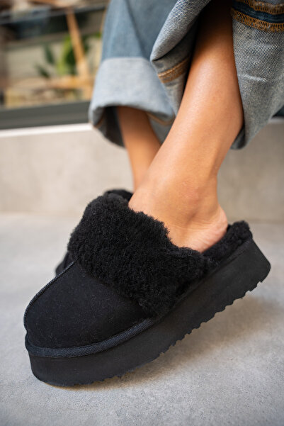 LAMİNTA Γυναικείες παντόφλες Rover Black Suede Feather Flat Sole