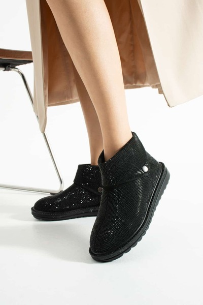 diclepolat Kadın Siyah Taşlı Alçak Taban Bot Akadan Fermuarlı Zefina