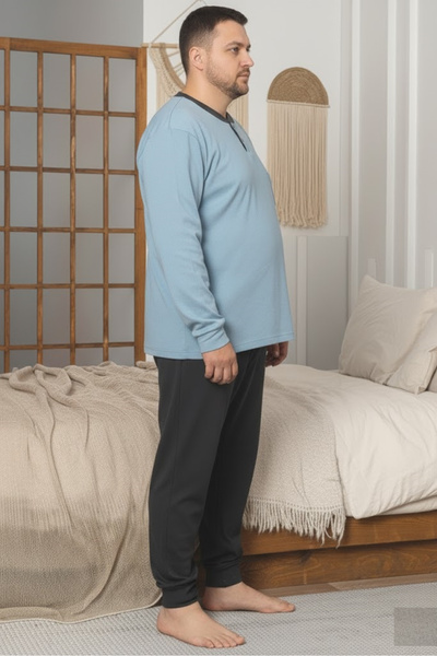 embody Men's cotton interlock long pyjamas, large size, blue/black 3005