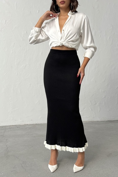 Lusin Women's Black Ribbed Elegant Knit Skirt