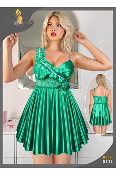 TREN Luxury Satin Lingerie Set Mini Babydoll Dress Lace Trim Romantic Nightwear Thin Strap Sleepwear