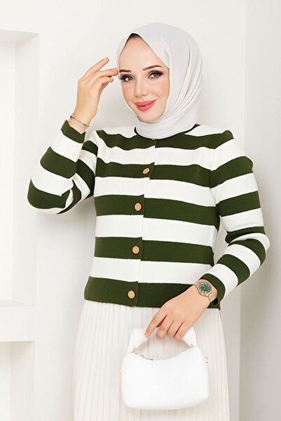 RFK Butik Women's Skirt Top Button Detailed Striped Knitwear Hijab Cardigan - Khaki