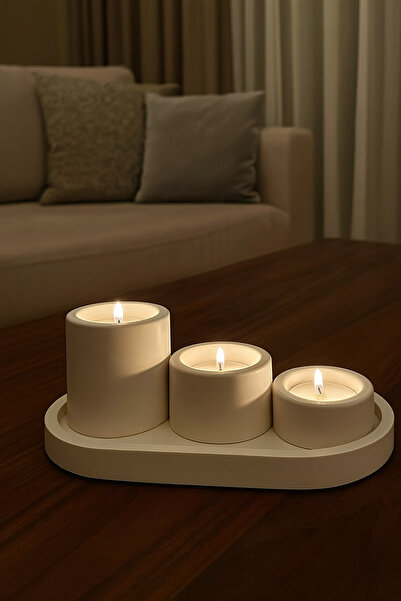 Misya DEKOR 4’lü Alçı Dekoratif Mumluk Seti – Oval Tepsili Tealight Mumluk(mu...