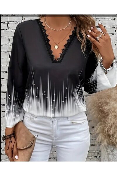 Ekince Women's Long Sleeve V Lace Neck Patterned Modal Blouse