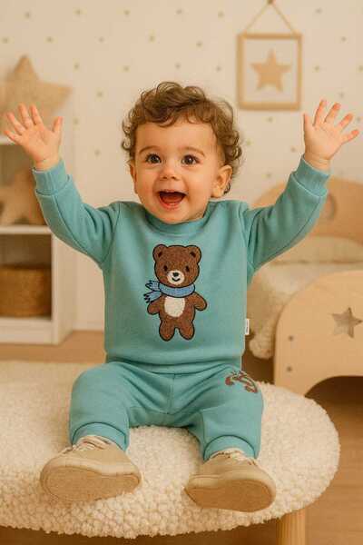 MyPrettyBaby Atkili Ayicik Süzene Embroidered Winter Fleece 3-Thread Fabric B...