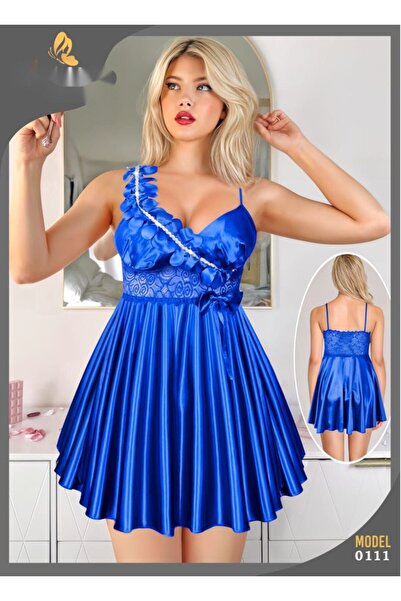 TREN Elegant Satin Babydoll Nightwear Pleated Short Dress Lace Trim Floral Design Women Lingerie Set
