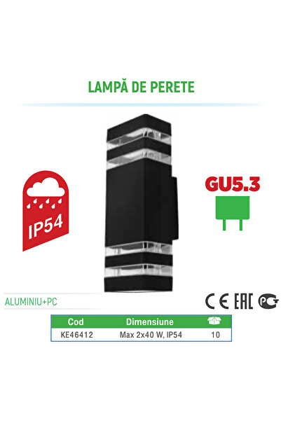 Klaus Lampa De Perete Negru Ip54 2XGu5.3 Alu.+Pc 100*110*300Mm, KE46412 (10)