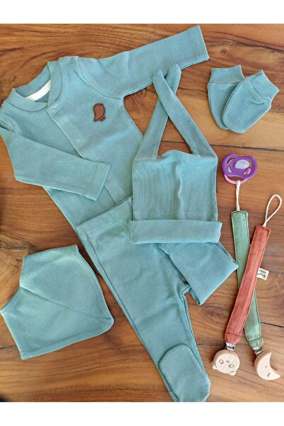 Latelier Midumi طقم ملابس للمواليد الجدد، 95% قطن و5% ليكرا، مجموعة من 7 قطع، لون كاكي، إصدار المستشفى (مع مشط وفرشاة كهدية)