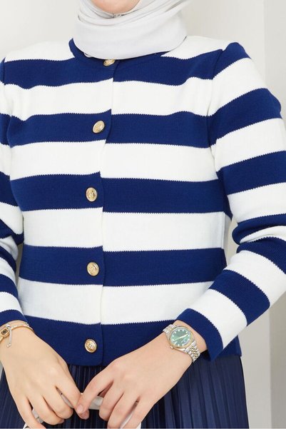 RFK Butik Women's Skirt Top Button Detailed Striped Knitwear Hijab Cardigan - Navy Blue