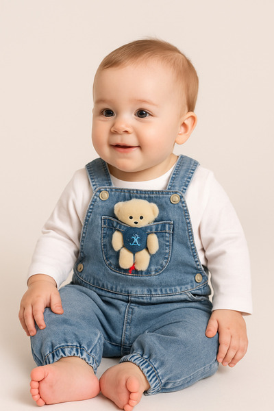 Maxi İdol Unisex Baby Denim 2-Piece Set - Bear Applique Pocket Salopet and White Blouse
