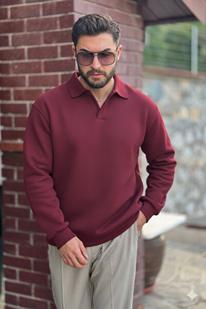 GUARAZ Ανδρικό φούτερ με γιακά πόλο μπορντό από βαμβακερό μαλακό χοντρό ύφασμα oversize