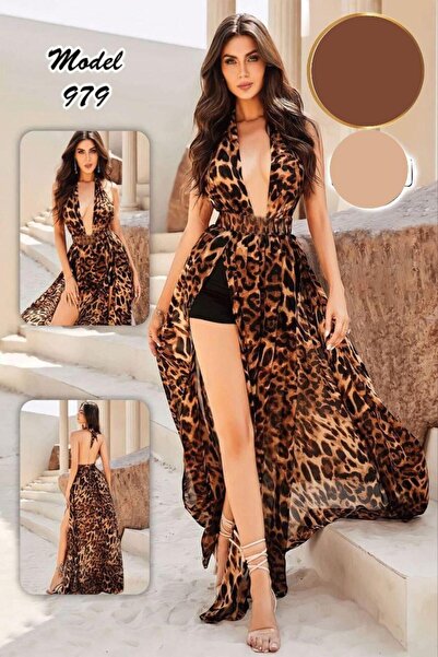 Nice Model Backless Leopard Print Maxi Dress Deep V-Neck Chiffon Evening Gown Summer Party Outfit