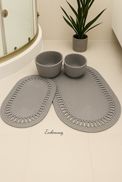 evdeucuz Jute Wicker Bath Mat and Toilet Set + 2 Baskets