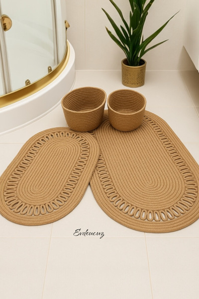 evdeucuz Jute Wicker Bath Mat and Toilet Set + 2 Baskets