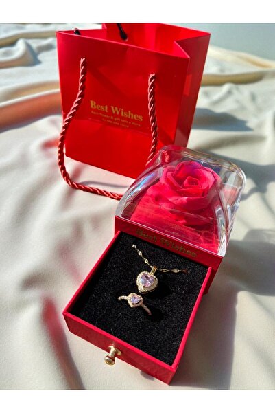 Sarego Best Wishes Zirkon Taş Gold Renkli Kalpli Kolye Yüzük Seti Güllü Kırmızı Takı Kutusu Şık Hediye Seti