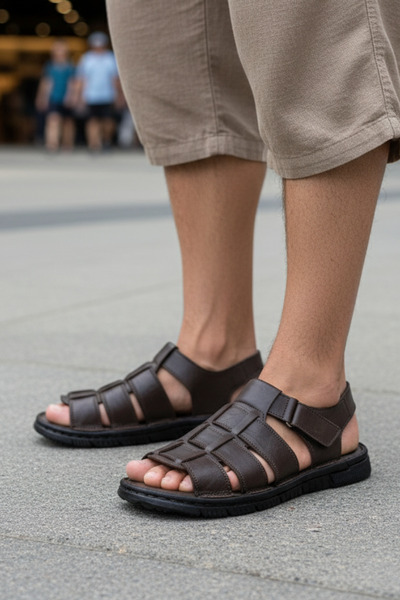 Ekonomik Ayakkabı 100% Genuine Leather Tan Men's Sandals – Comfortable Non-Slip Sole Casual Model