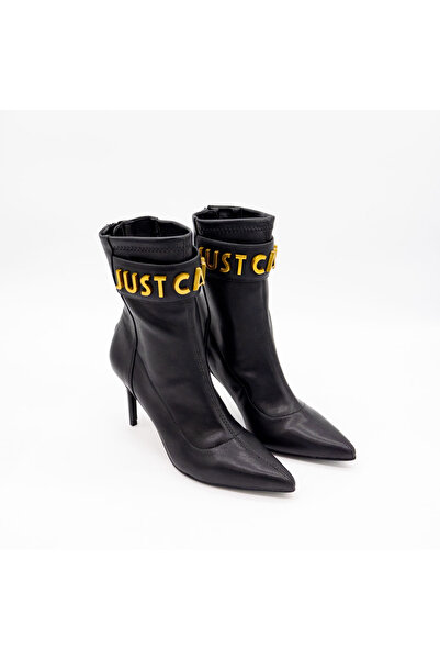 Roberto Cavalli ELEGANT BLACK ANKLE BOOTS WITH HIGH HEELS AND GOLDEN LOGO