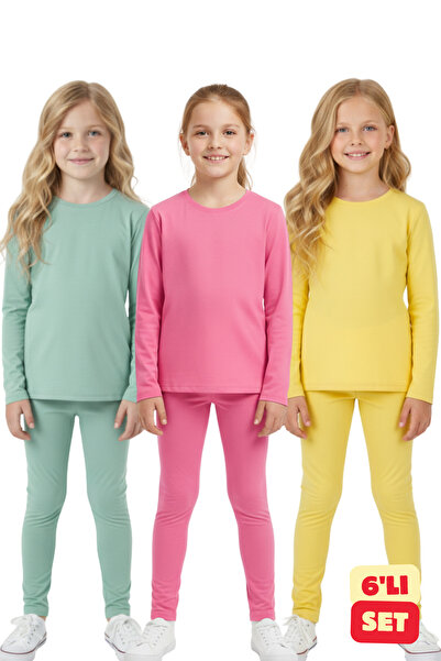 Difa Girls' Leggings and Long Sleeve T-Shirt Bottom Top Set 3-Piece Colorful Set (6 Pieces) – Pink Mint Yellow