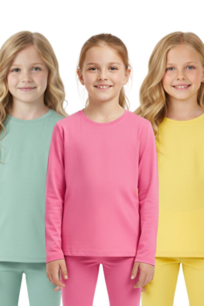Difa Girls' Leggings and Long Sleeve T-Shirt Bottom Top Set 3-Piece Colorful Set (6 Pieces) – Pink Mint Yellow