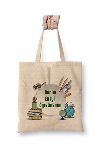 Toyaso Δώρο για την Ημέρα του Δασκάλου 09 Λευκή υφασμάτινη τσάντα με μακριά λ...