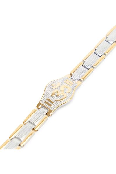 BAPS Hindu Mandir Rudraksha AUM Bracelet with Natural Beads, Stainless Steel, Dual-Tone Silver & Gold, 21.5 cm