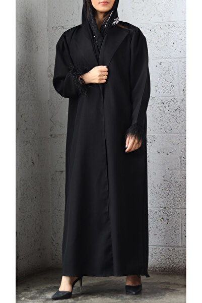 outline Black abaya with feather sleeves