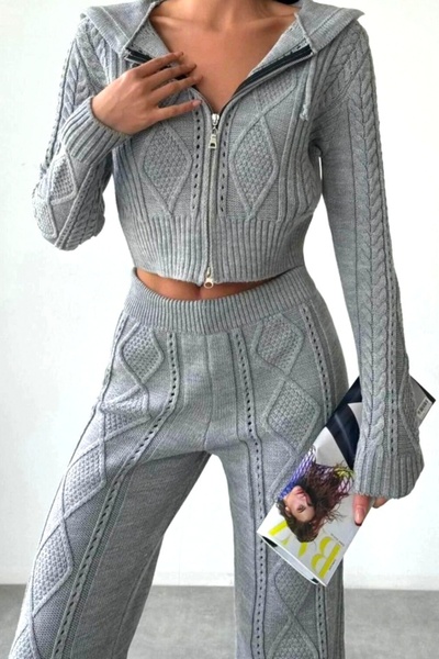 FashionForYou TOREN knitted set, loose pants and hooded sweatshirt, Grey