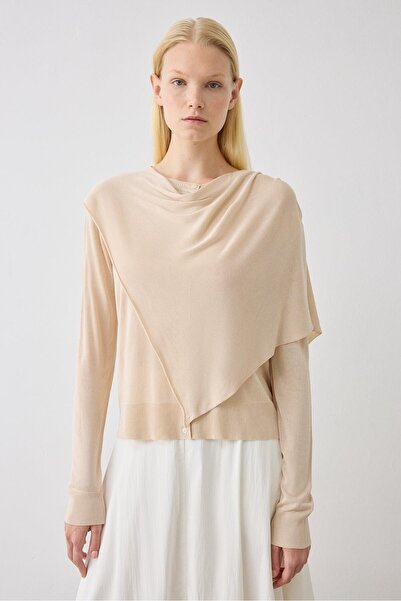TERZİ DÜKKANI DOREN ŞAL DETAYLI TRİKO MERSERİZE HIRKA BEJ