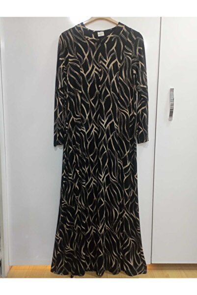 NUR TEKSTİL kadın kahve desenli uzun kol boydan elbise