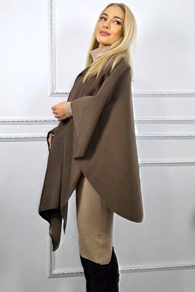FashionForYou BelaRina oversized cape, with wraparound fastening and rib texture, BROWN