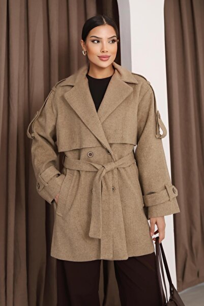 polle Palton de damă din nurcă, cu două piepte, oversize, cu centură, din cat...