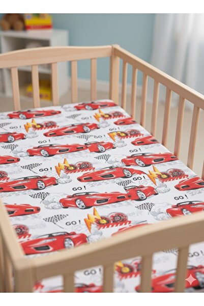 ENHA BABY %100 Pamuk Ranforce Kumaş Lastikli Bebek Çarşafı-kırmızı araba-(70X...