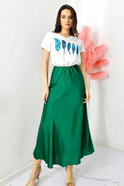 FashionForYou Elegant Penelope skirt, with satin texture and long cut, Green, Size S/M/L
