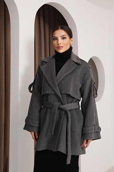 polle Palton de damă gri, cu bretele duble, oversize, cu centură, din catifea