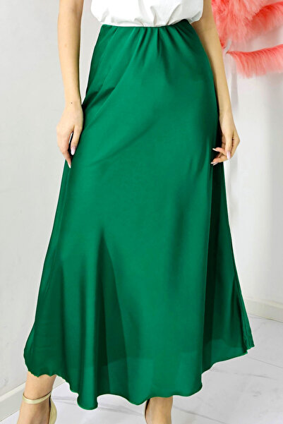 FashionForYou Elegant Penelope skirt, with satin texture and long cut, Green, Size S/M/L