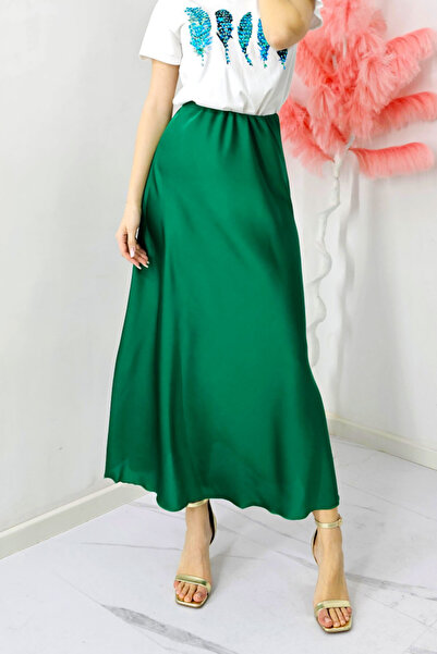 FashionForYou Elegant Penelope skirt, with satin texture and long cut, Green, Size S/M/L