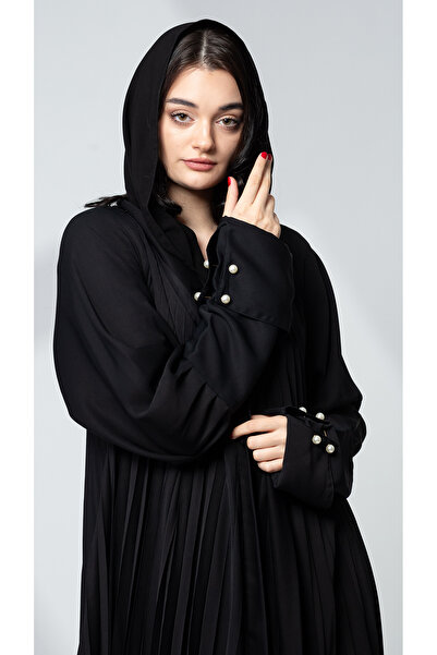 outline Black abaya with pleats and pearl clips