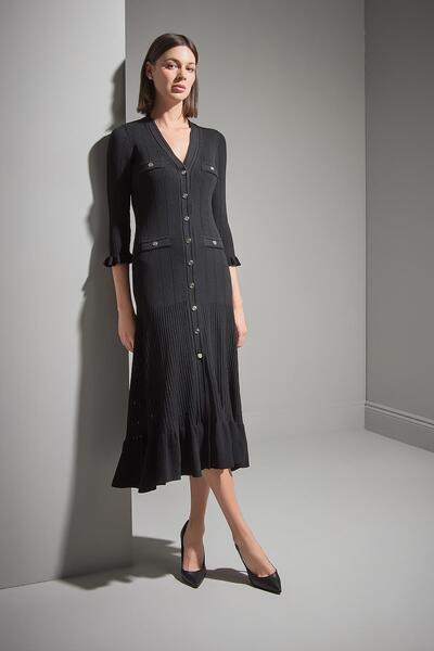 JOIN US Çıtçıt Detaylı Çan Midi Siyah Triko Elbise