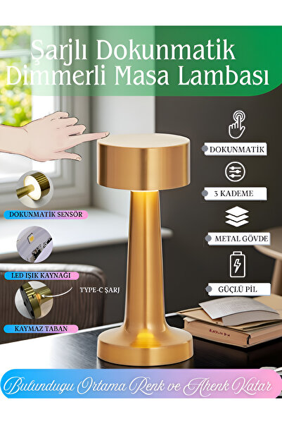 nextbuy Dokunmatik Masa ve Gece Lambası Dekoratif Şarjlı Retro Abajur Led Oda Dimmerli Aydınlama Işığı