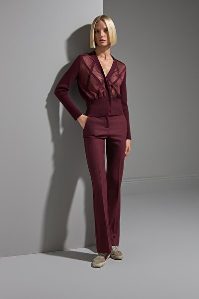 JOIN US Transparan Tül Detaylı Bordo Triko Hırka