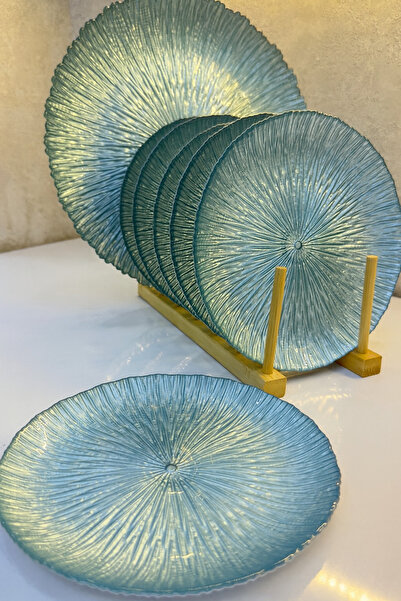 vanilinkitchen Mavi Dokulu Cam Pasta Tabağı 7 lı Set – Gold Detaylı Sofra Sunum Tabakları (21 cm)